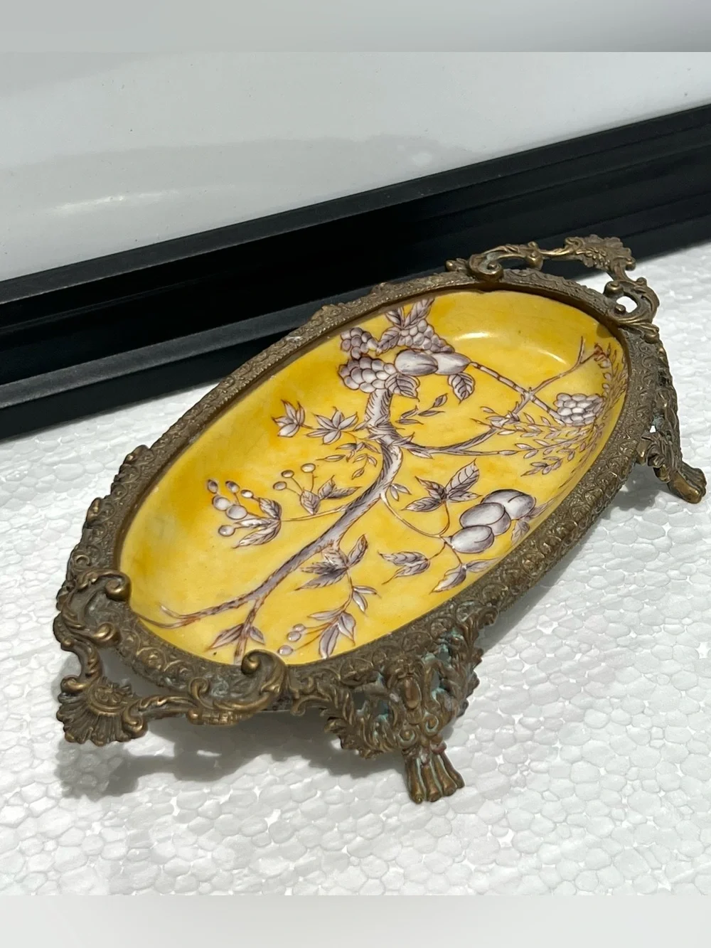 Vintage Chinese Antique Handpainted Porcelain Brass Trinket Soap Dish Tray